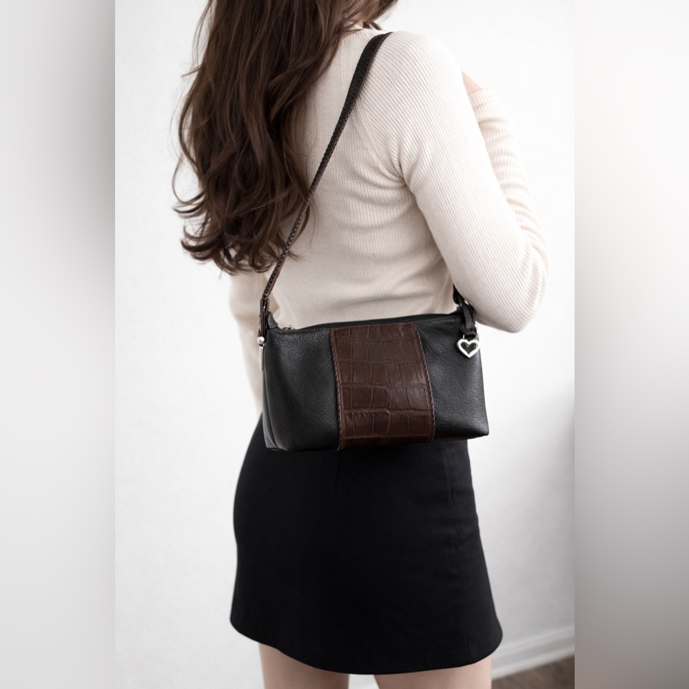 Brighton Black Brown Croc Embossed Shoulder Bag with Heart Accent
